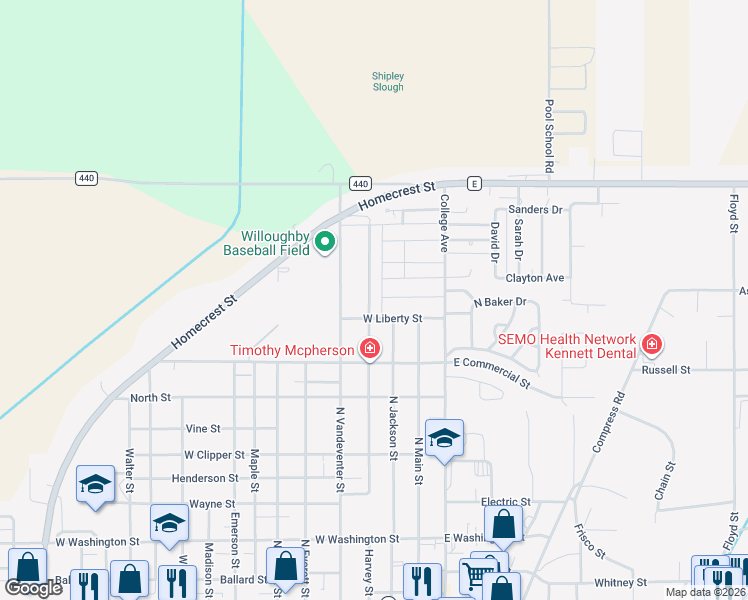 map of restaurants, bars, coffee shops, grocery stores, and more near 1008 North Baldwin Street in Kennett