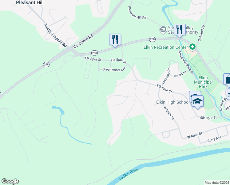 map of restaurants, bars, coffee shops, grocery stores, and more near 130 Reeves Lane in Elkin