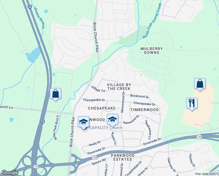 map of restaurants, bars, coffee shops, grocery stores, and more near 3633 Village Trail in Nashville