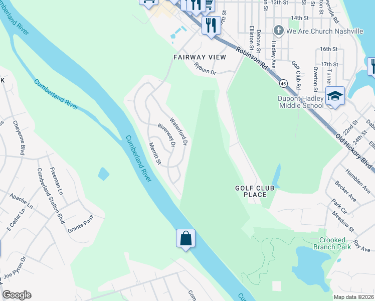 map of restaurants, bars, coffee shops, grocery stores, and more near 2003 Waterford Drive in Nashville