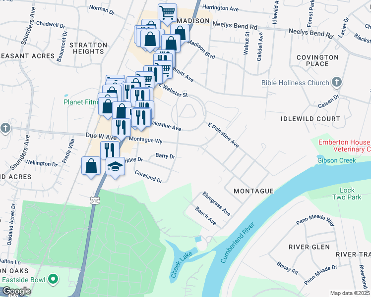 map of restaurants, bars, coffee shops, grocery stores, and more near 204B East Due West Avenue in Nashville