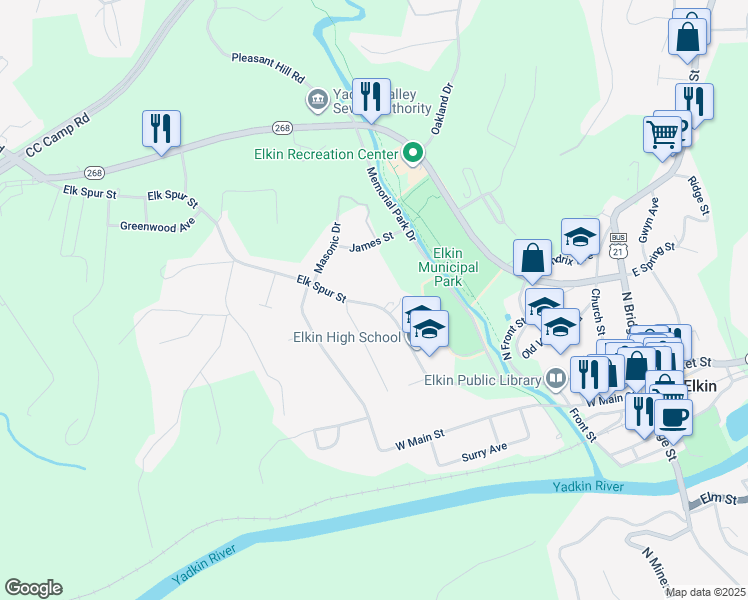 map of restaurants, bars, coffee shops, grocery stores, and more near 418 Elk Spur Street in Elkin