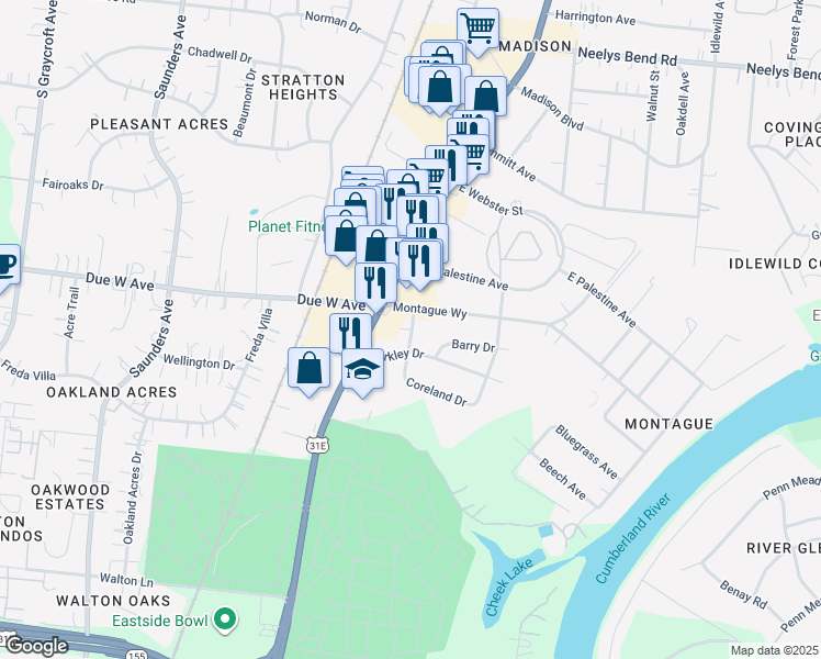 map of restaurants, bars, coffee shops, grocery stores, and more near 1202 Coreland Drive in Nashville
