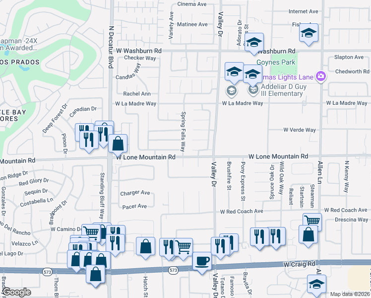map of restaurants, bars, coffee shops, grocery stores, and more near 4814 Spring Falls Way in North Las Vegas