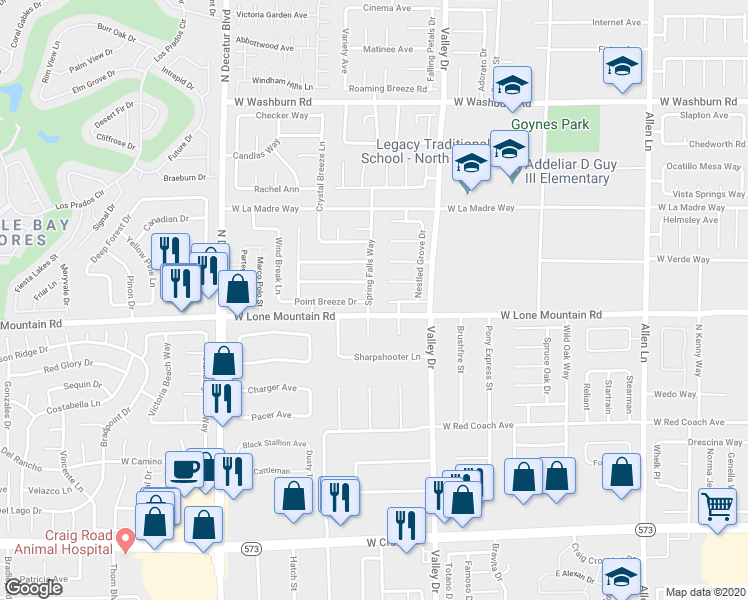 map of restaurants, bars, coffee shops, grocery stores, and more near 4814 Spring Falls Way in North Las Vegas