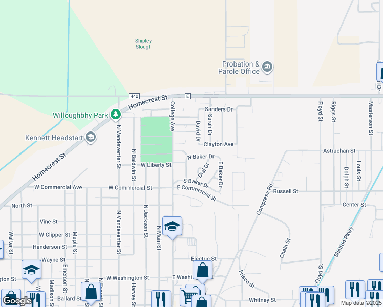 map of restaurants, bars, coffee shops, grocery stores, and more near 308 North Baker Drive in Kennett