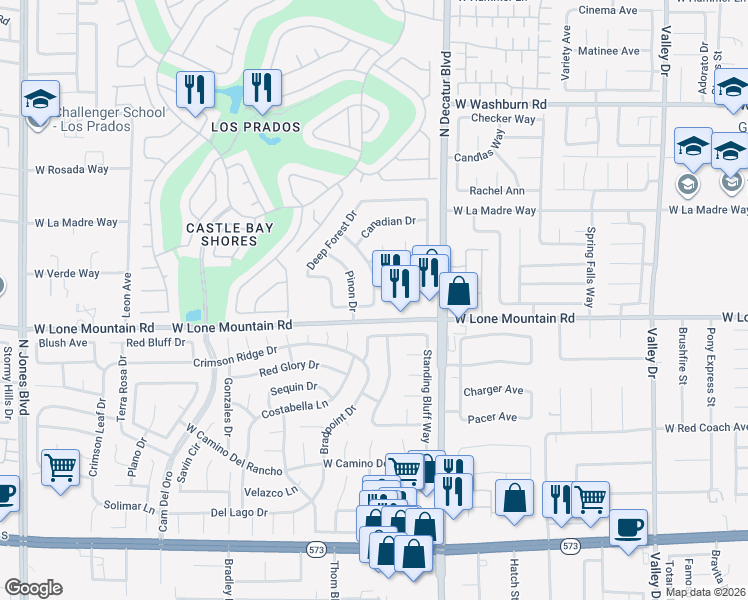 map of restaurants, bars, coffee shops, grocery stores, and more near 4458 Yellow Pine Lane in Las Vegas