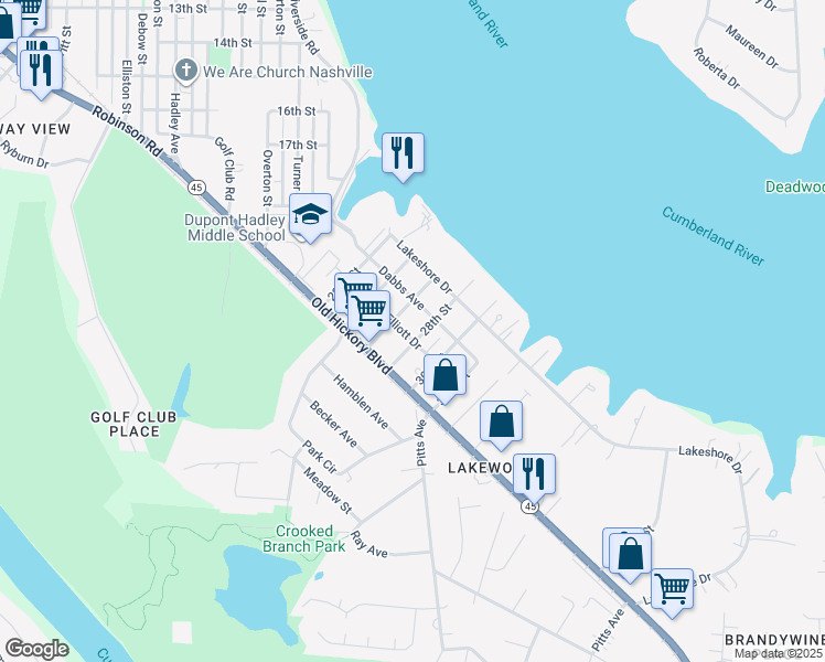 map of restaurants, bars, coffee shops, grocery stores, and more near 2609 Elliott Drive in Nashville