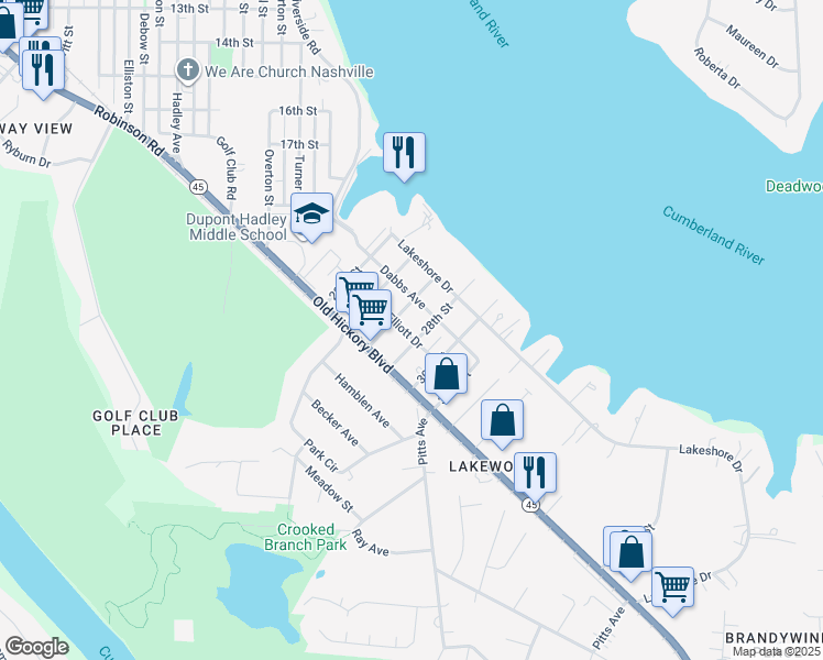 map of restaurants, bars, coffee shops, grocery stores, and more near 2609 Elliott Drive in Nashville