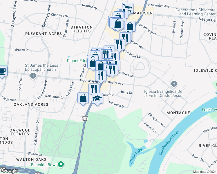 map of restaurants, bars, coffee shops, grocery stores, and more near 1202 Coreland Drive in Nashville