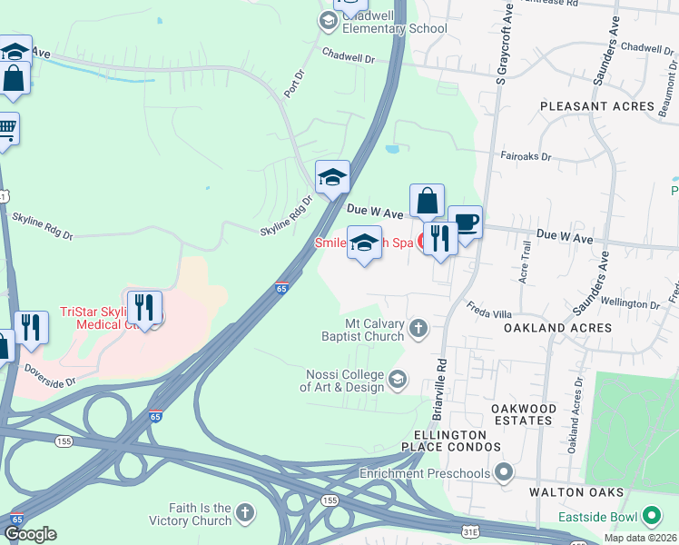 map of restaurants, bars, coffee shops, grocery stores, and more near 619 West Due West Avenue in Nashville