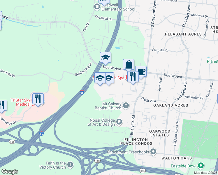 map of restaurants, bars, coffee shops, grocery stores, and more near 619 West Due West Avenue in Nashville