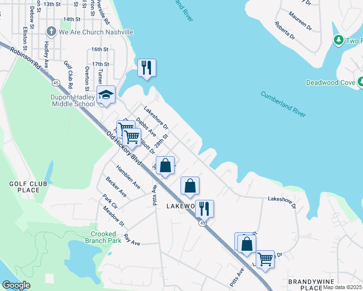 map of restaurants, bars, coffee shops, grocery stores, and more near 3000 Lakeshore Drive in Nashville