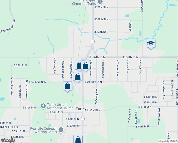 map of restaurants, bars, coffee shops, grocery stores, and more near 6344 North Quaker Avenue in Tulsa