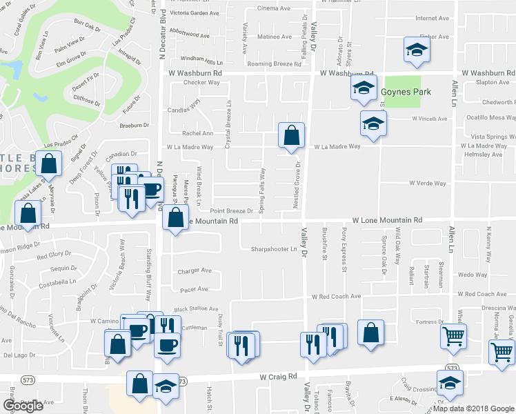 map of restaurants, bars, coffee shops, grocery stores, and more near 4406 Point Breeze Drive in North Las Vegas