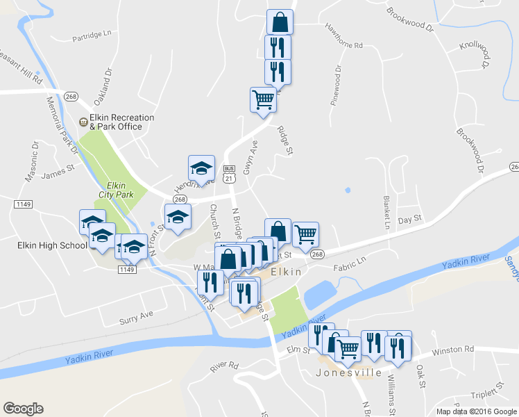 map of restaurants, bars, coffee shops, grocery stores, and more near 219 Gwyn Avenue in Elkin