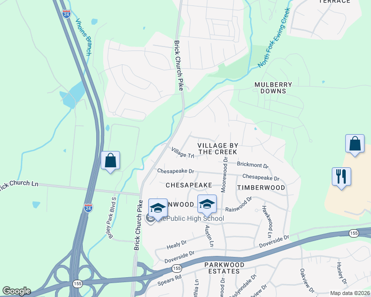 map of restaurants, bars, coffee shops, grocery stores, and more near 3404 Moonlight Drive in Nashville