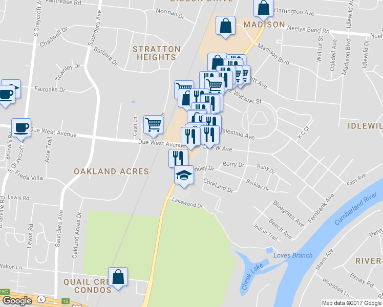 map of restaurants, bars, coffee shops, grocery stores, and more near 1209 Gallatin Pike South in Madison
