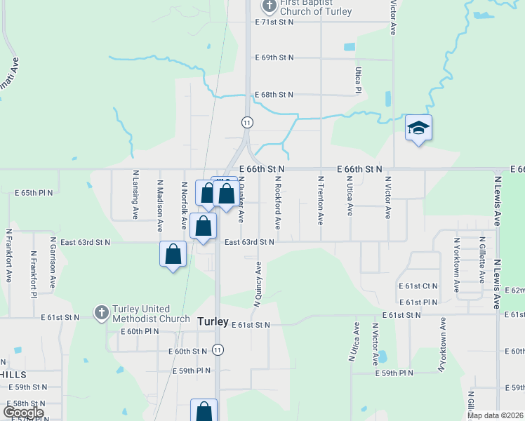 map of restaurants, bars, coffee shops, grocery stores, and more near 6411 North Quincy Avenue in Tulsa