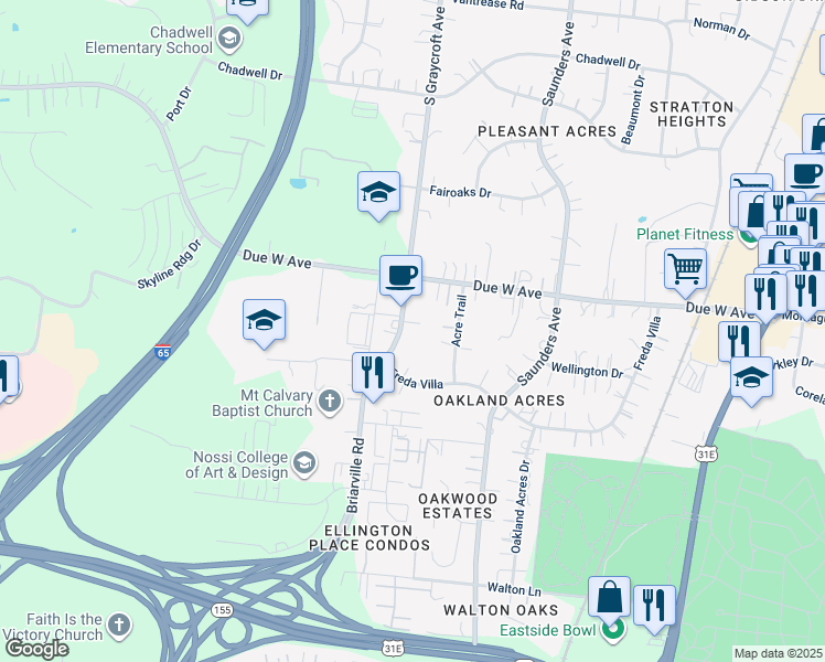 map of restaurants, bars, coffee shops, grocery stores, and more near 1207 South Graycroft Avenue in Nashville