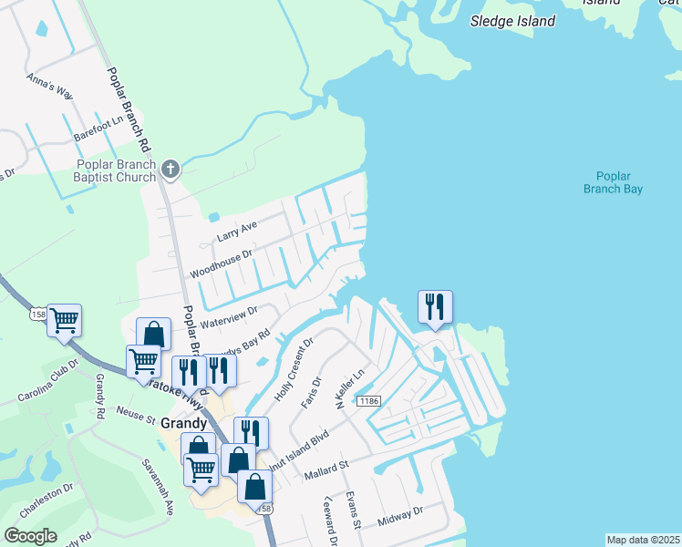 map of restaurants, bars, coffee shops, grocery stores, and more near 190 Dowdys Bay Road in Grandy