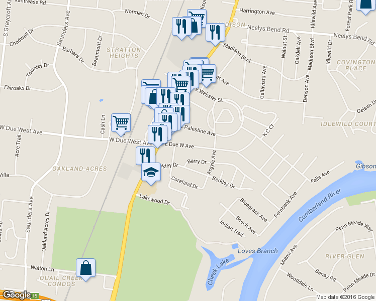 map of restaurants, bars, coffee shops, grocery stores, and more near 114 East Due West Avenue in Nashville