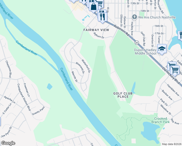 map of restaurants, bars, coffee shops, grocery stores, and more near 2003 Waterford Drive in Nashville