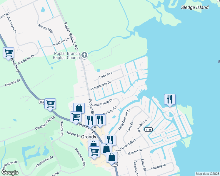 map of restaurants, bars, coffee shops, grocery stores, and more near 105 Seahawk Court in Grandy
