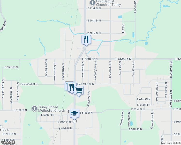 map of restaurants, bars, coffee shops, grocery stores, and more near 6411 North Quincy Avenue in Tulsa