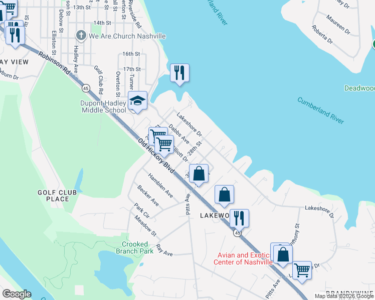 map of restaurants, bars, coffee shops, grocery stores, and more near 2609 Elliott Drive in Nashville