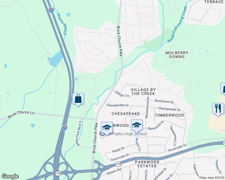 map of restaurants, bars, coffee shops, grocery stores, and more near Brick Church Pike & Village Trail in Nashville