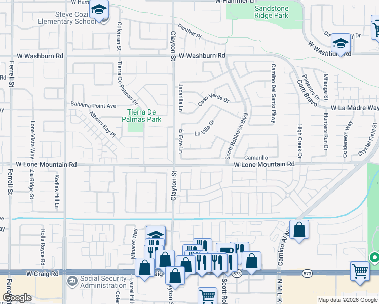 map of restaurants, bars, coffee shops, grocery stores, and more near 1929 Camino Mirada in North Las Vegas
