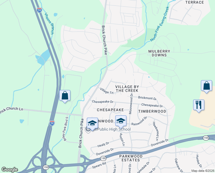 map of restaurants, bars, coffee shops, grocery stores, and more near 3404 Moonlight Drive in Nashville