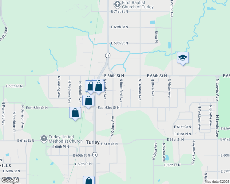 map of restaurants, bars, coffee shops, grocery stores, and more near 6411 North Quincy Avenue in Tulsa