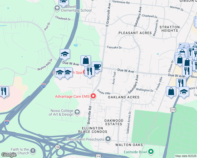 map of restaurants, bars, coffee shops, grocery stores, and more near 1207 South Graycroft Avenue in Nashville