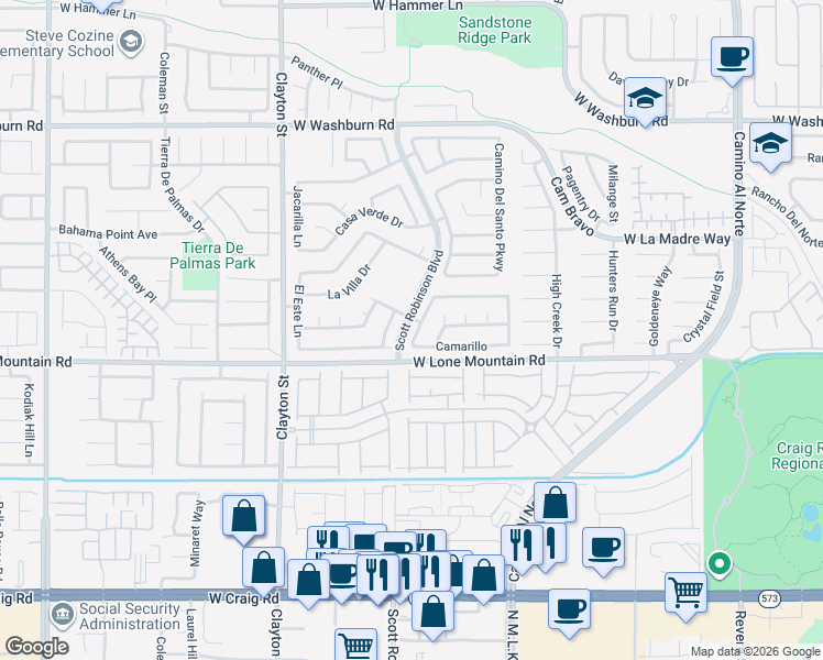 map of restaurants, bars, coffee shops, grocery stores, and more near 4833 Spanish Wells Drive in North Las Vegas