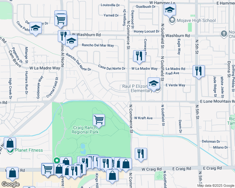 map of restaurants, bars, coffee shops, grocery stores, and more near 340 Rancho Del Norte Drive in North Las Vegas