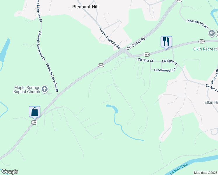 map of restaurants, bars, coffee shops, grocery stores, and more near 121 Lake Boulevard in Elkin