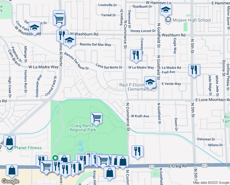 map of restaurants, bars, coffee shops, grocery stores, and more near 340 Rancho Del Norte Drive in North Las Vegas