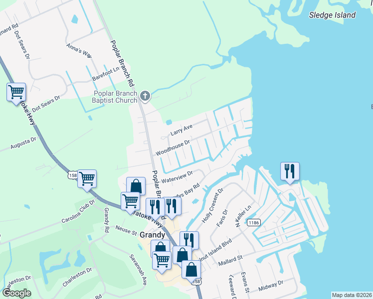 map of restaurants, bars, coffee shops, grocery stores, and more near 105 Seahawk Ct in Grandy