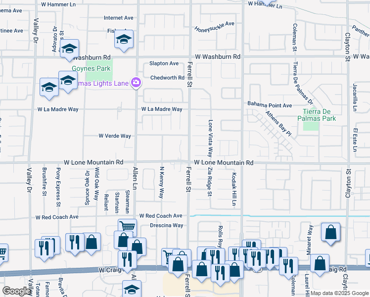map of restaurants, bars, coffee shops, grocery stores, and more near Ferrell Street in North Las Vegas