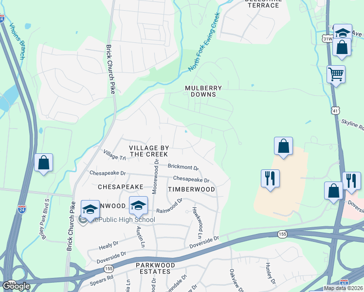 map of restaurants, bars, coffee shops, grocery stores, and more near 3729 Village Trail in Nashville