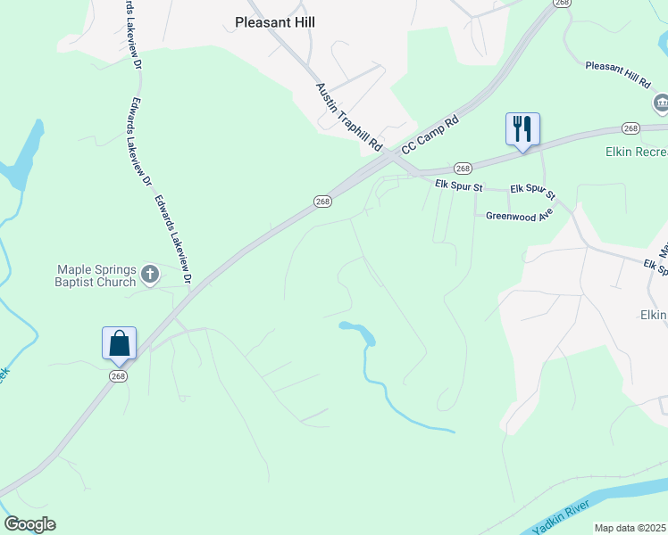 map of restaurants, bars, coffee shops, grocery stores, and more near 121 Lake Boulevard in Elkin