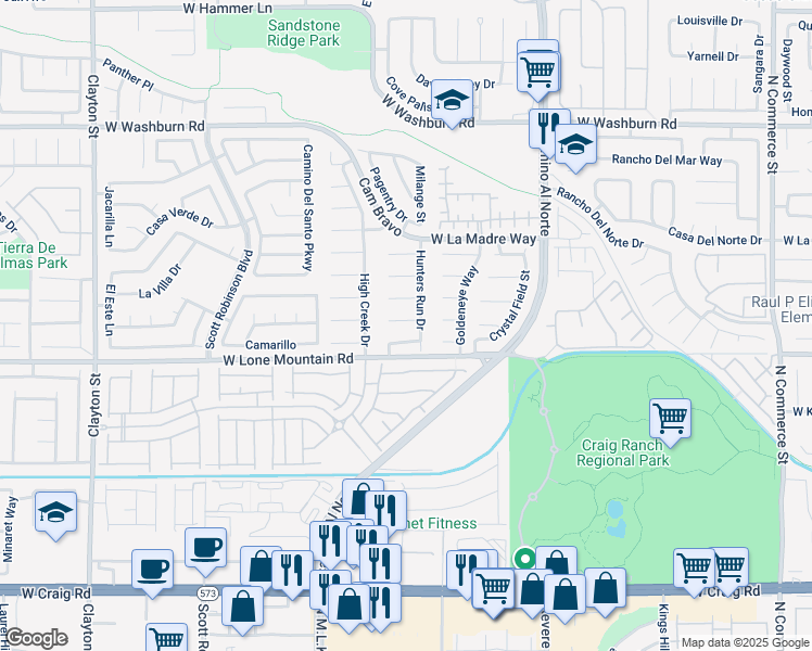 map of restaurants, bars, coffee shops, grocery stores, and more near 1213 Stonesthrow Circle in North Las Vegas