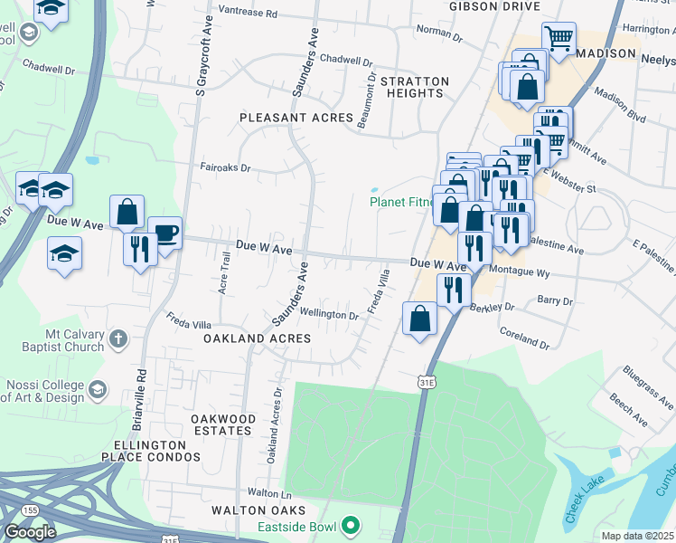 map of restaurants, bars, coffee shops, grocery stores, and more near 309A West Due West Avenue in Nashville