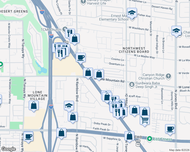 map of restaurants, bars, coffee shops, grocery stores, and more near 6515 West Lone Mountain Road in Las Vegas