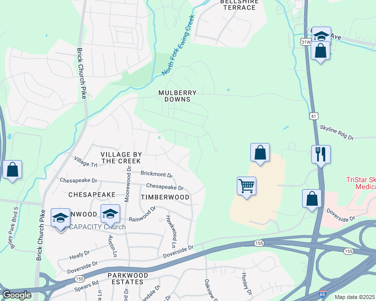 map of restaurants, bars, coffee shops, grocery stores, and more near 1121 Village Spring Drive in Nashville