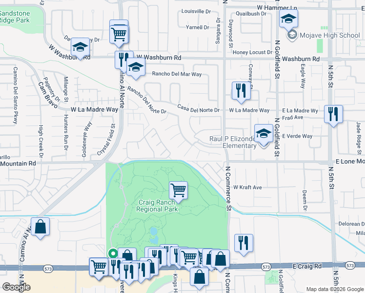 map of restaurants, bars, coffee shops, grocery stores, and more near 4818 Via Maria Court in North Las Vegas