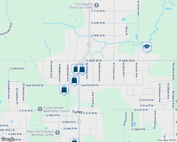 map of restaurants, bars, coffee shops, grocery stores, and more near 6344 North Quaker Avenue in Tulsa