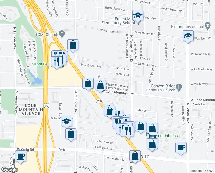 map of restaurants, bars, coffee shops, grocery stores, and more near 6536 Sierra Diablo Avenue in Las Vegas